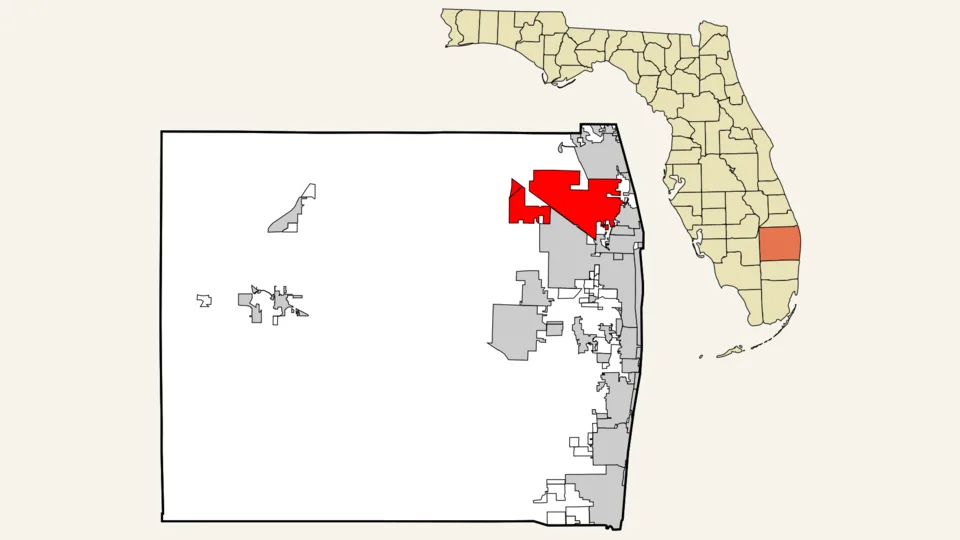 Locator map highlighting Palm Beach Gardens in Palm Beach County, Florida