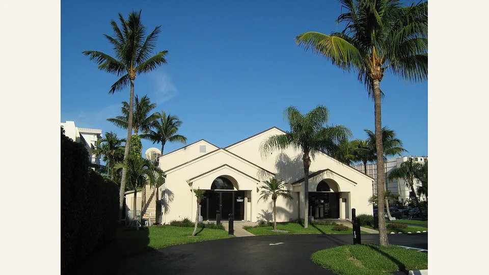 The South Palm Beach, Florida, town hall. The west side (entrance facing the lagoon).