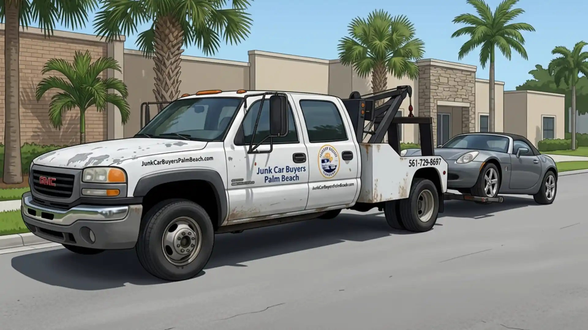 Illustrative photo-based scene of the white branded company tow truck on a South Florida street.