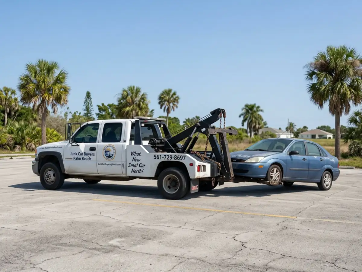 Illustrative photo-based view of the branded company tow truck collecting an older car.
