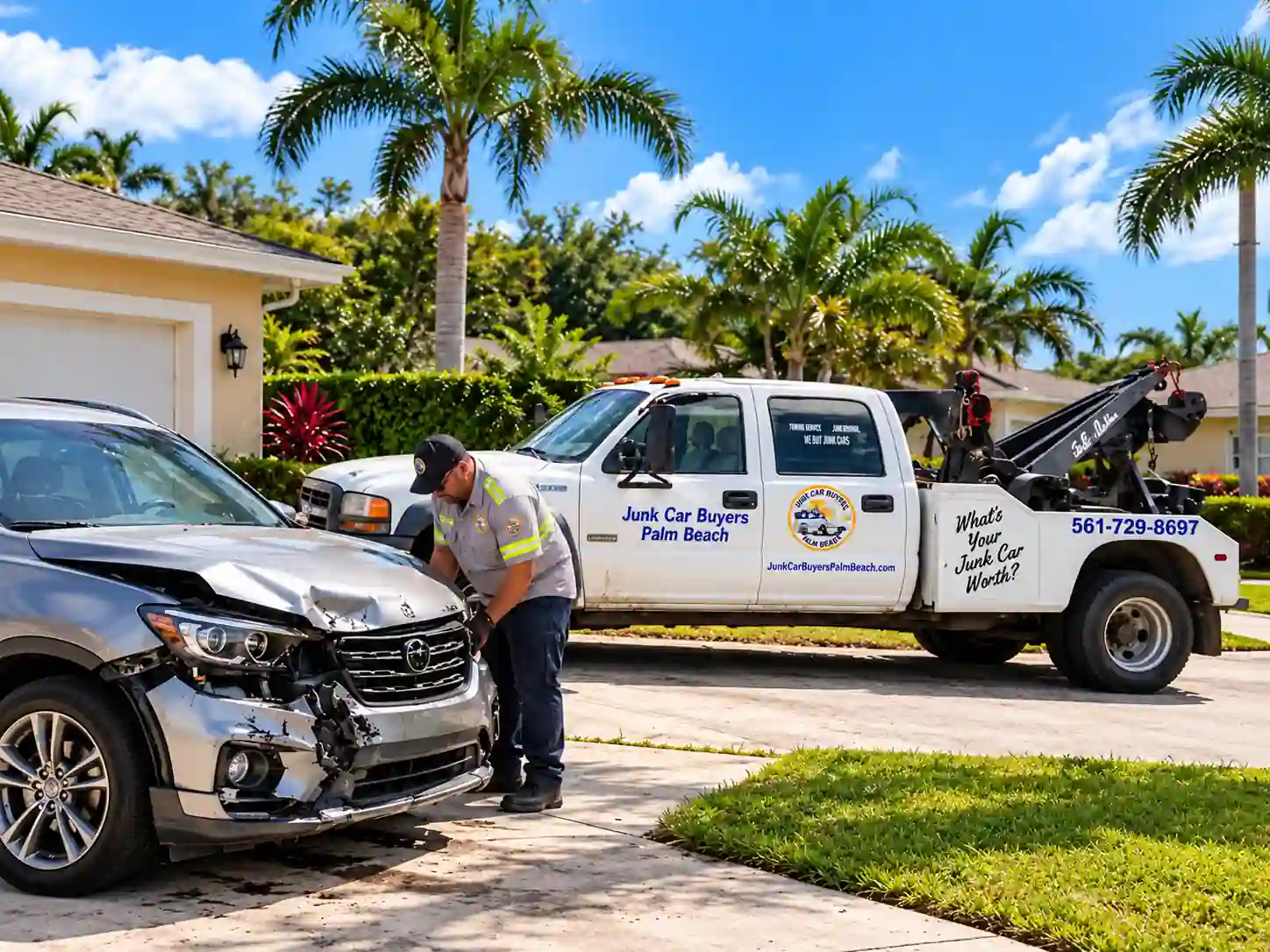 A tow truck operator inspecting a collision-damaged SUV beside a Junk Car Buyers Palm Beach truck