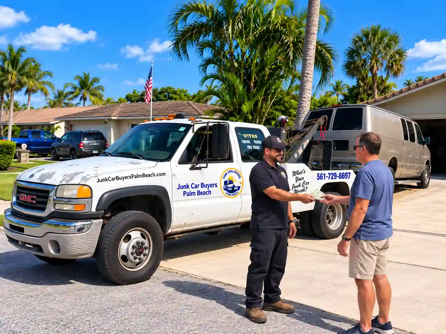 A Junk Car Buyers Palm Beach representative handing cash to a vehicle owner beside a tow truck and van